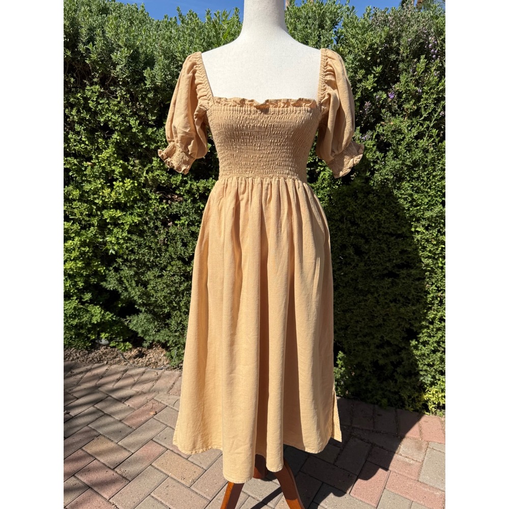 Opia Rust Tan 100% Linen Smocked Puff Sleeve Midi Dress Cottagecore Pockets S/M